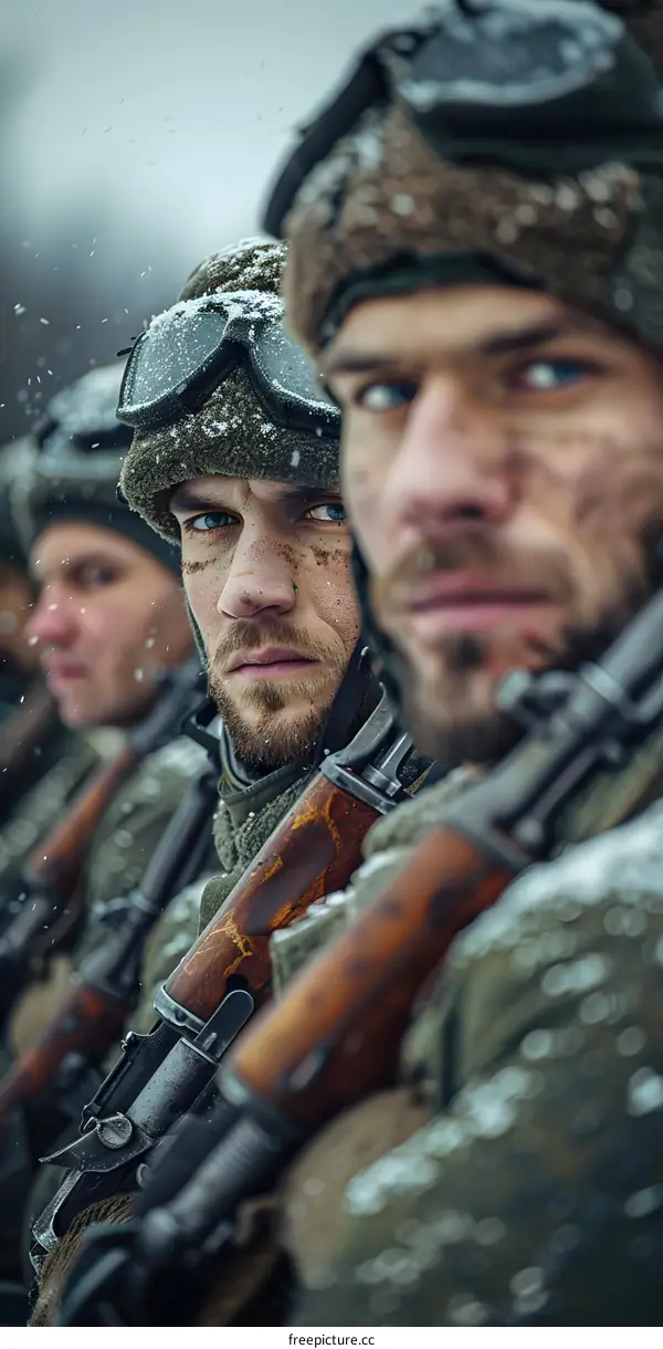 Close Up of Soldiers Holding Rifles in the Snow
