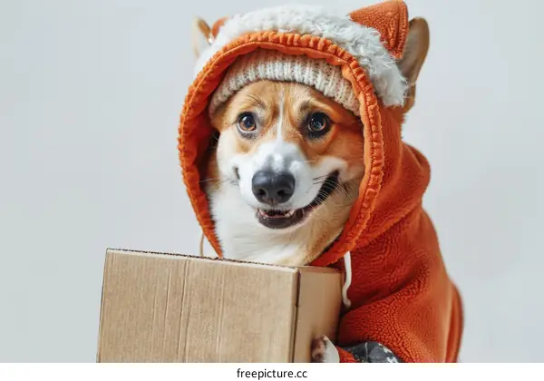 A cute Shiba Inu dog wearing a fox hoodie holding a cardboard box in its mouth