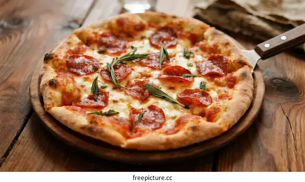 Delicious pepperoni pizza with fresh basil leaves on wooden board