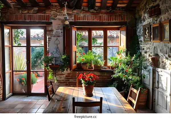 Rustic Italian Home with Wooden Table and Flowers