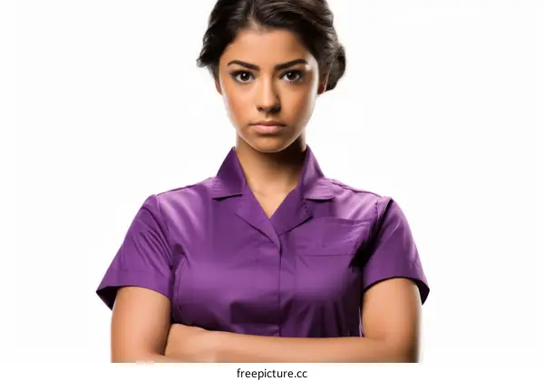 Middle Eastern young female nurse with brown hair wearing purple uniform
