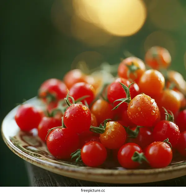 A plate of ripe cherry tomatoes with water droplets