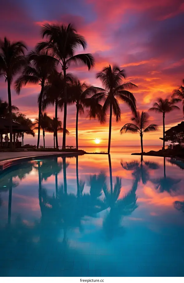 Palm trees at sunset over the ocean with a swimming pool in the foreground