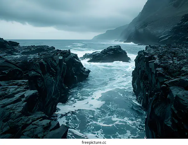 Rocky Coastline with Waves Crashing Through a Gap