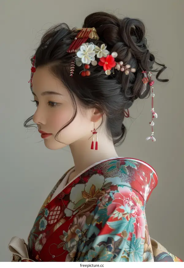 Beautiful Japanese Woman in Traditional Kimono with Floral Hair Accessory