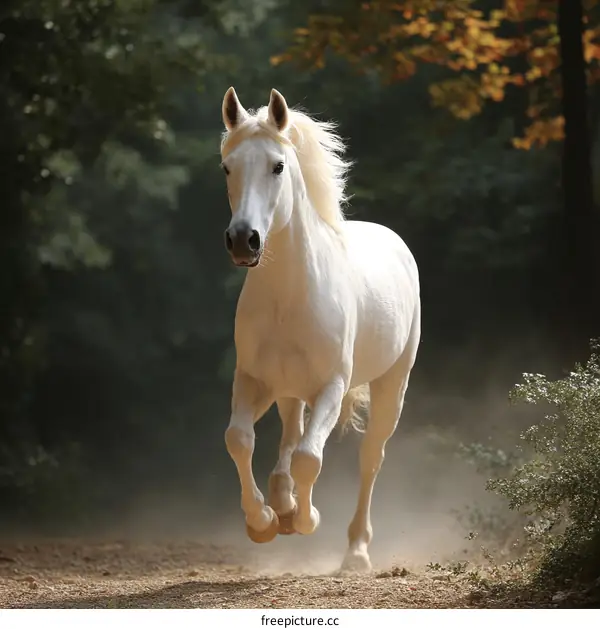 Majestic White Horse in a Forest Path