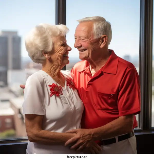 An elderly couple is smiling and hugging in front of a window.