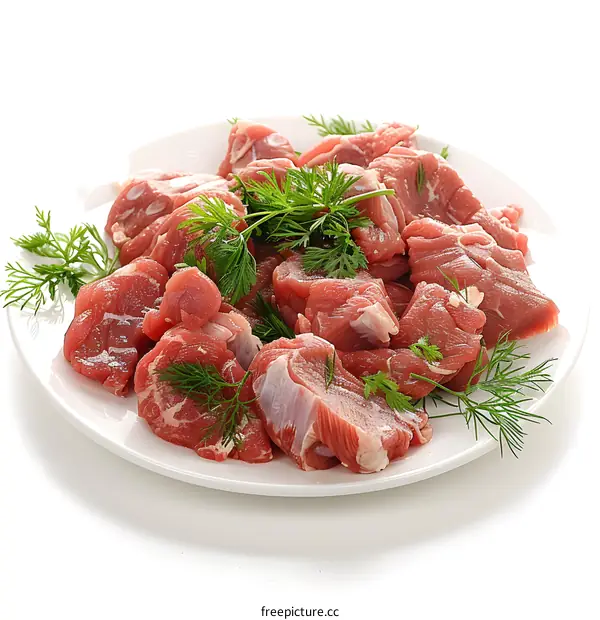 Fresh raw beef meat on white plate with parsley