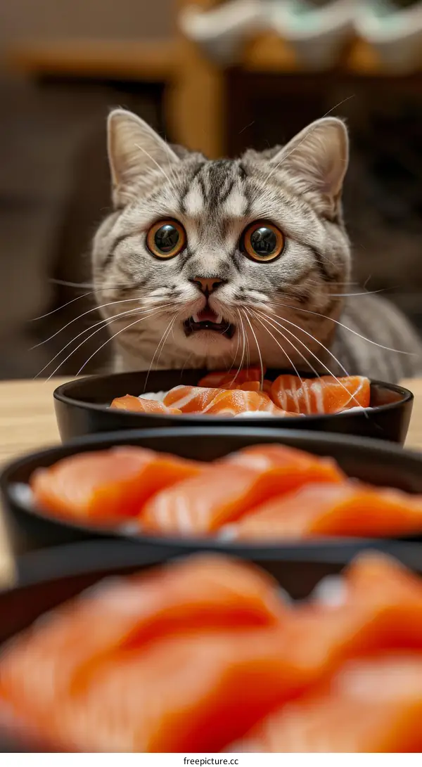 Cat looking at a bowl of salmon