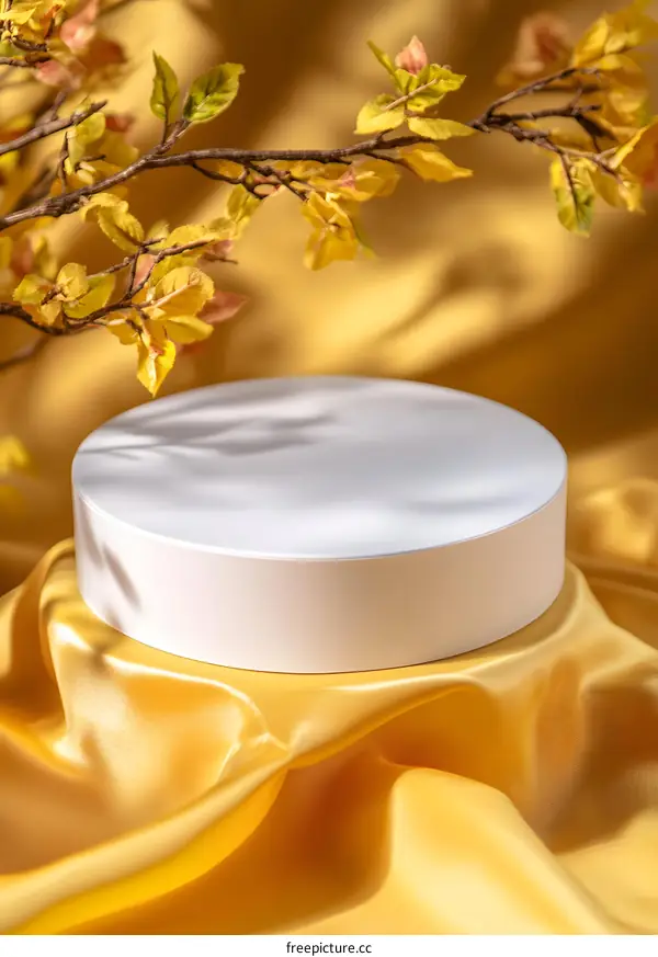 White Round Product Display Stand on Yellow Silk Fabric With Branch
