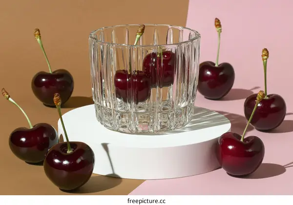 Fresh Cherries in a Glass Bowl