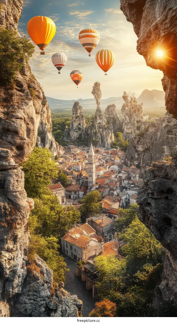 Aerial View of a Picturesque Village with Hot Air Balloons