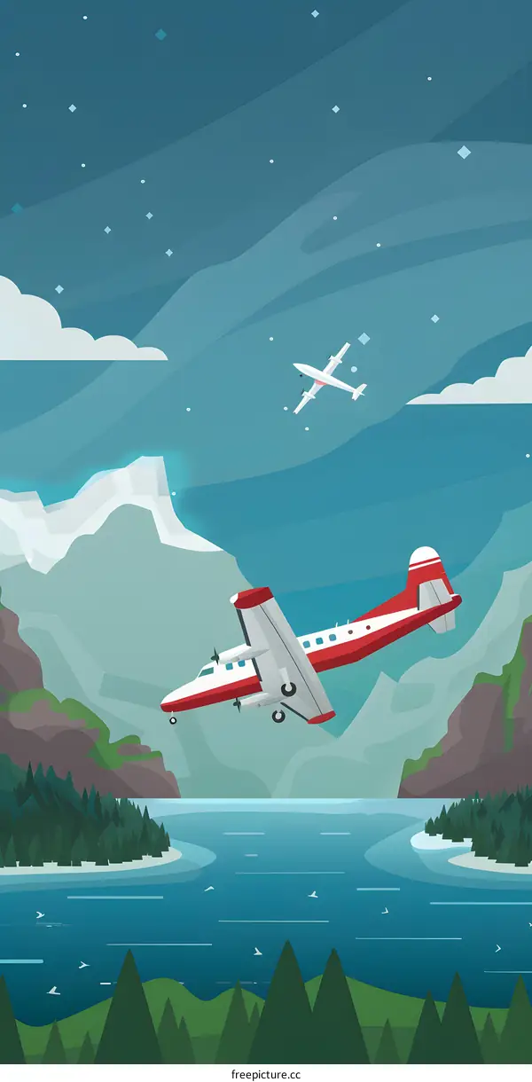 Flying over Mountain Lake with Two Planes