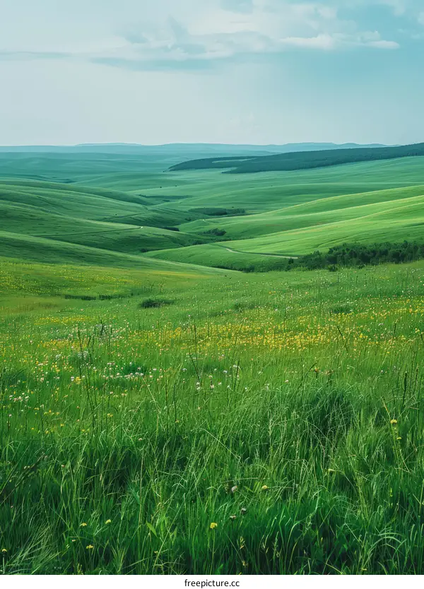 Picturesque green rolling hills under blue sky with white clouds