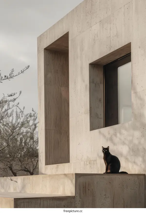 A black cat sitting on a ledge in front of a concrete building