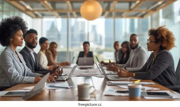 A group of people sitting around a table having a meeting