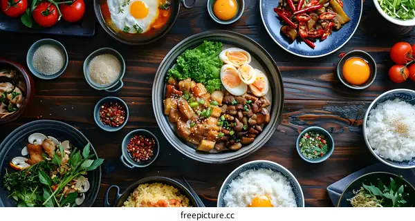 A delicious and healthy meal of pork belly, eggs, rice, and vegetables