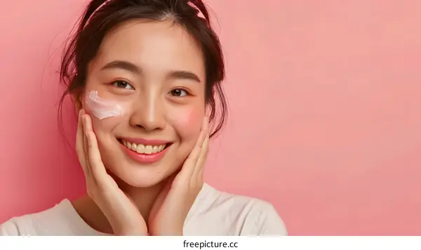 Smiling Young Asian Woman Applying Face Cream