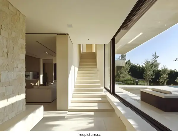 Modern Minimalist Home Interior Design with Stone Wall and Stairs