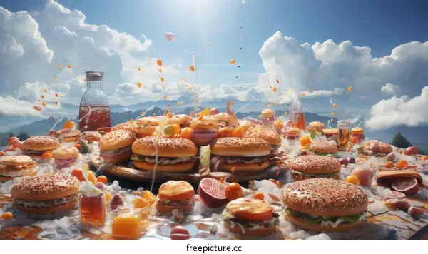 A table full of burgers with the sky in the background