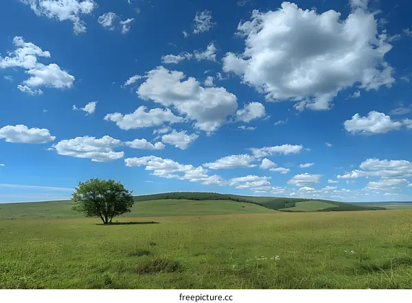 The green grassland and blue sky with white clouds