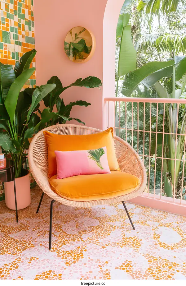 Pink and Orange Balcony Chair with a View of Lush Greenery
