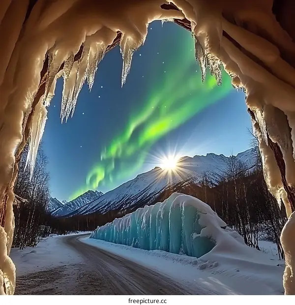 Aurora Borealis Through Icy Cave Opening