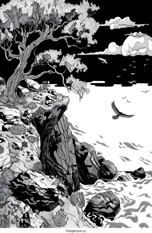 Black and White Illustration of a Cliffside with a Tree and the Ocean