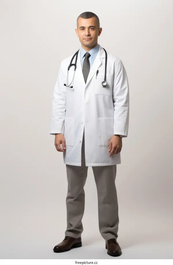 Middle Eastern male doctor in white coat and stethoscope