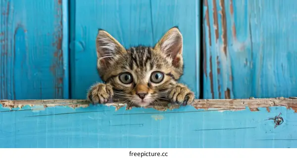 A Tabby Kitten Peeking over Blue Fence