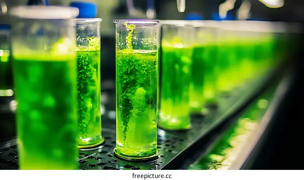 Laboratory Test Tubes Filled with Green Algae Culture