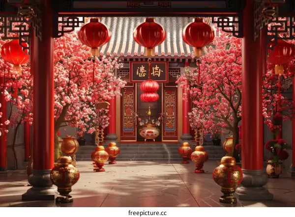 Traditional Chinese New Year Temple Courtyard