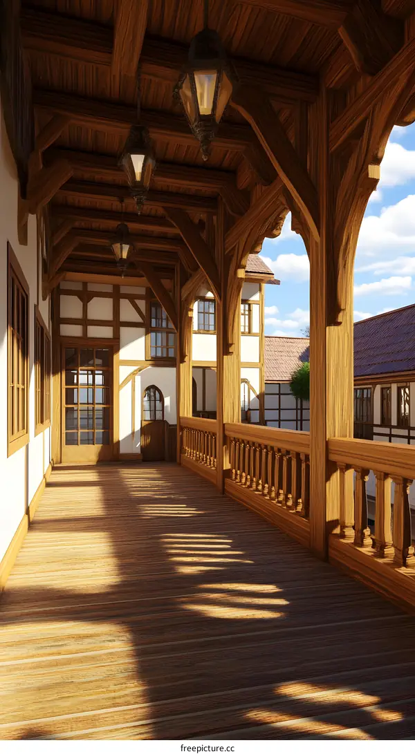Wooden Balcony With Lanterns And Windows