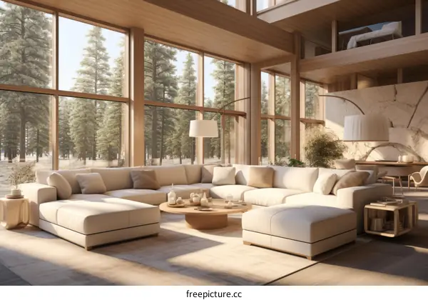 Bright and Airy Living Room With Sectional Sofa and Forest View