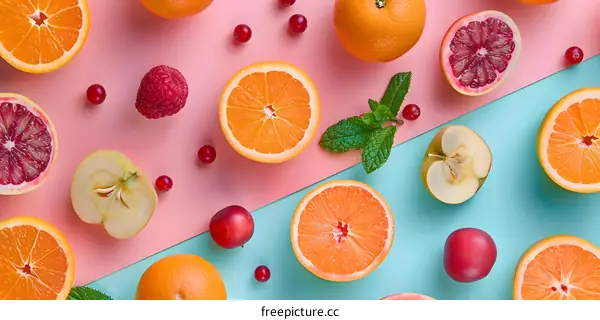 Fresh Fruit and Berries on a Pink and Blue Background