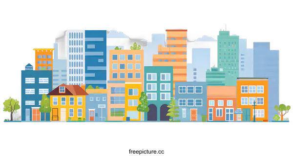 [Transparent Background PNG]Colorful Illustration of Cityscape with Buildings and Trees