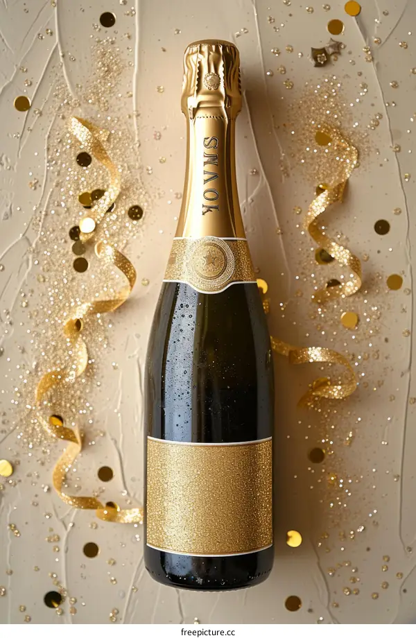 A bottle of champagne with gold glitter and confetti