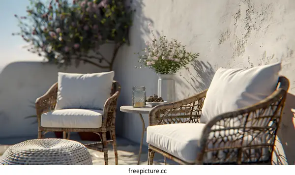 White Wicker Chairs and Table on Patio