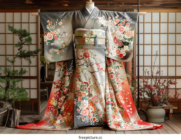 A kimono with a floral pattern and a pink obi sash