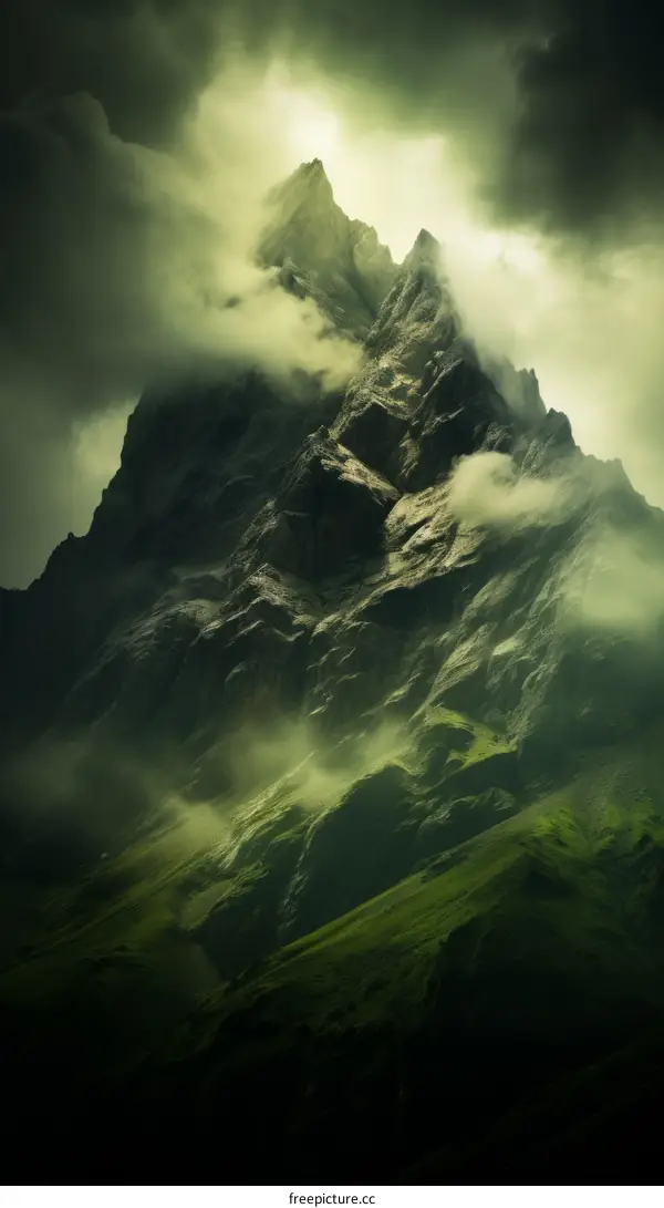 Mystical mountain landscape with dark clouds and green slopes