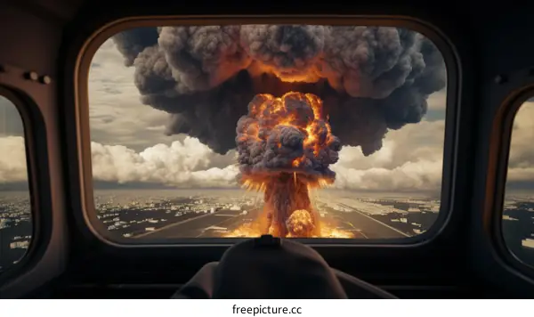 A mushroom cloud rising from a nuclear explosion seen through the window of an airplane