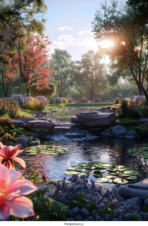 Tranquil Lake with Trees and Flowers