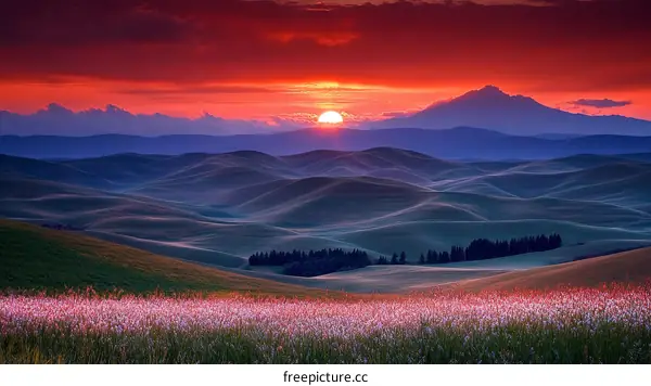 Sunset over Rolling Hills and Flowers