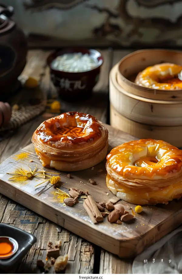Golden Honey Glazed Pastry on Wooden Board