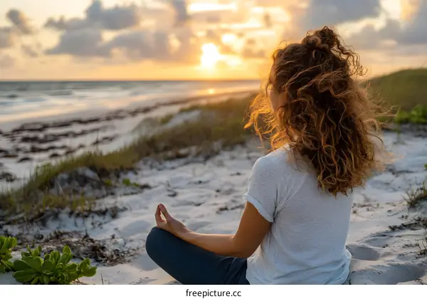 Woman in White Shirt Meditating on a Beach at Sunset