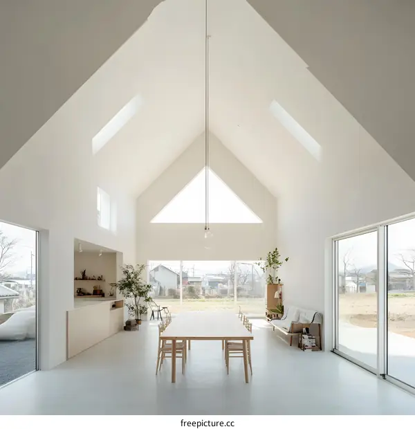 Minimalist Japanese Home Interior Design With High Ceilings And Large Windows