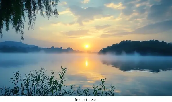 Sunrise over Misty Lake Landscape