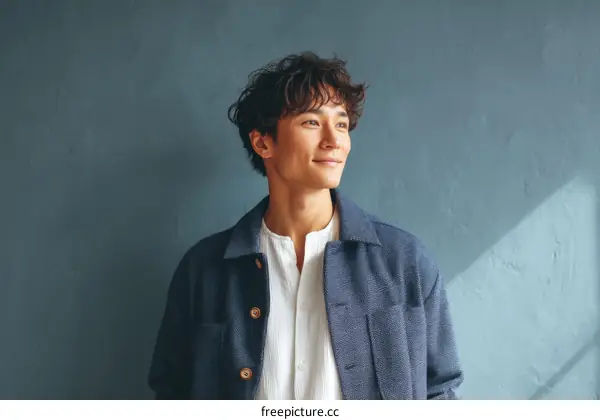 Stylish Asian Man Posing Against a Blue Wall