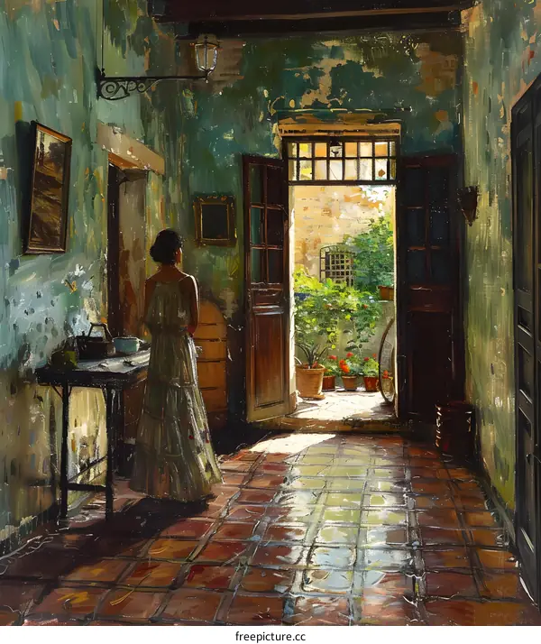 A woman standing in a doorway looking at a courtyard