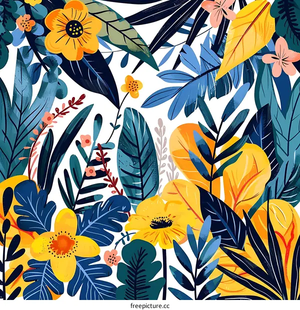 Tropical Leaves and Flowers Pattern Illustration